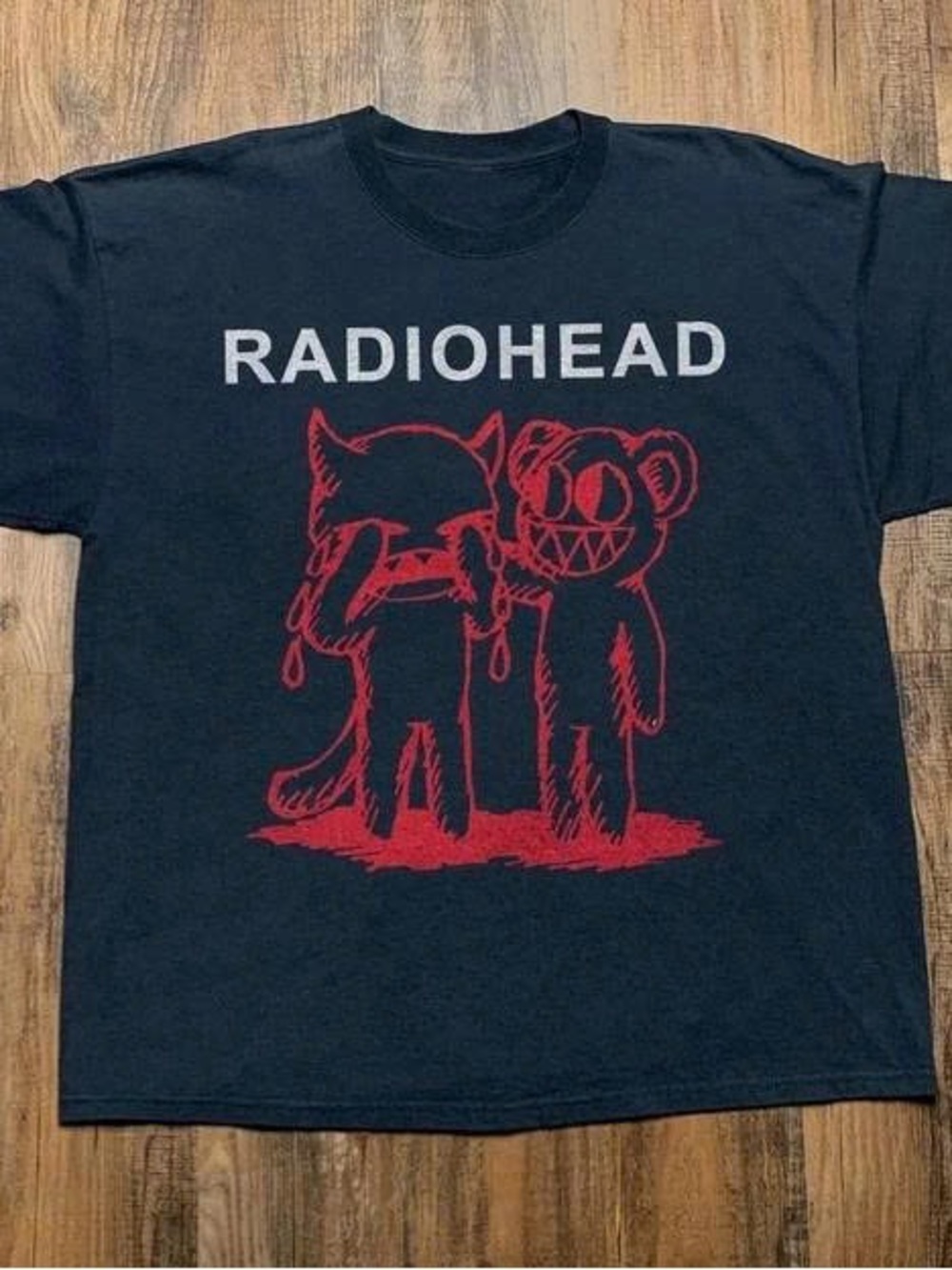Black Radiohead Tee with Red Cartoon Graphic